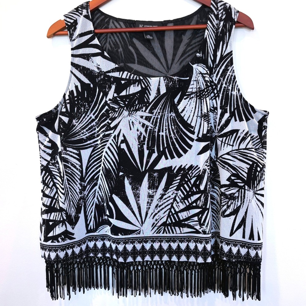 INC Black & Light Gray Tropical Tank Top Sz 2X Fringe Hem Boho Resort Festival